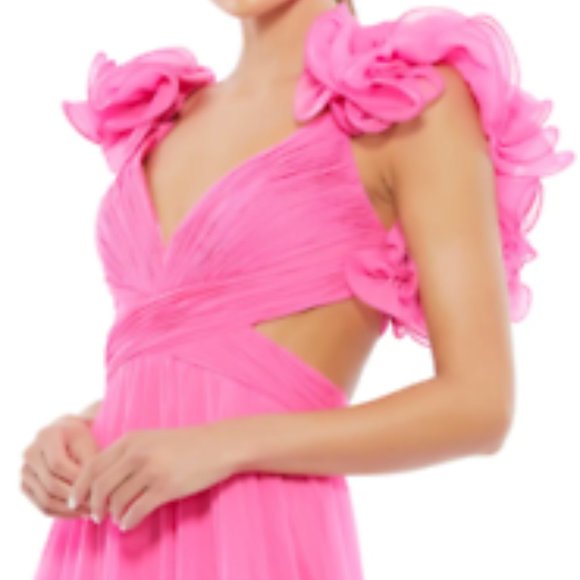 MAC DUGGAL 67911 ROSETTE CHIFFON CUTOUT WAIST HOT PINK GOWN sz 4 - Picture 3 of 8